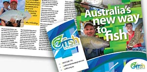 Brand application of new Ozfish logo to brochure and business card. Close-up crop. By Jo Starling Creative