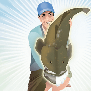 An illustration by Jo Starling, depicting an angler supporting a trophy-sized female dusky flathead