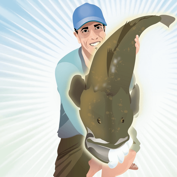An illustration by Jo Starling, depicting an angler supporting a trophy-sized female dusky flathead